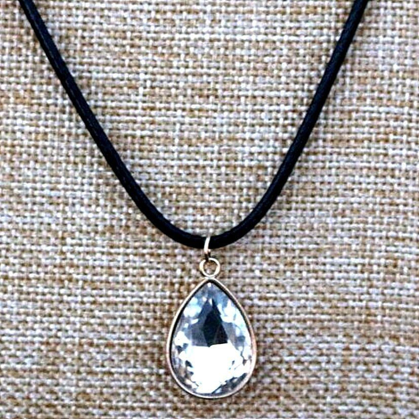 Cara Crystal White Water Drop Pendant Braid Leather Chain Necklace