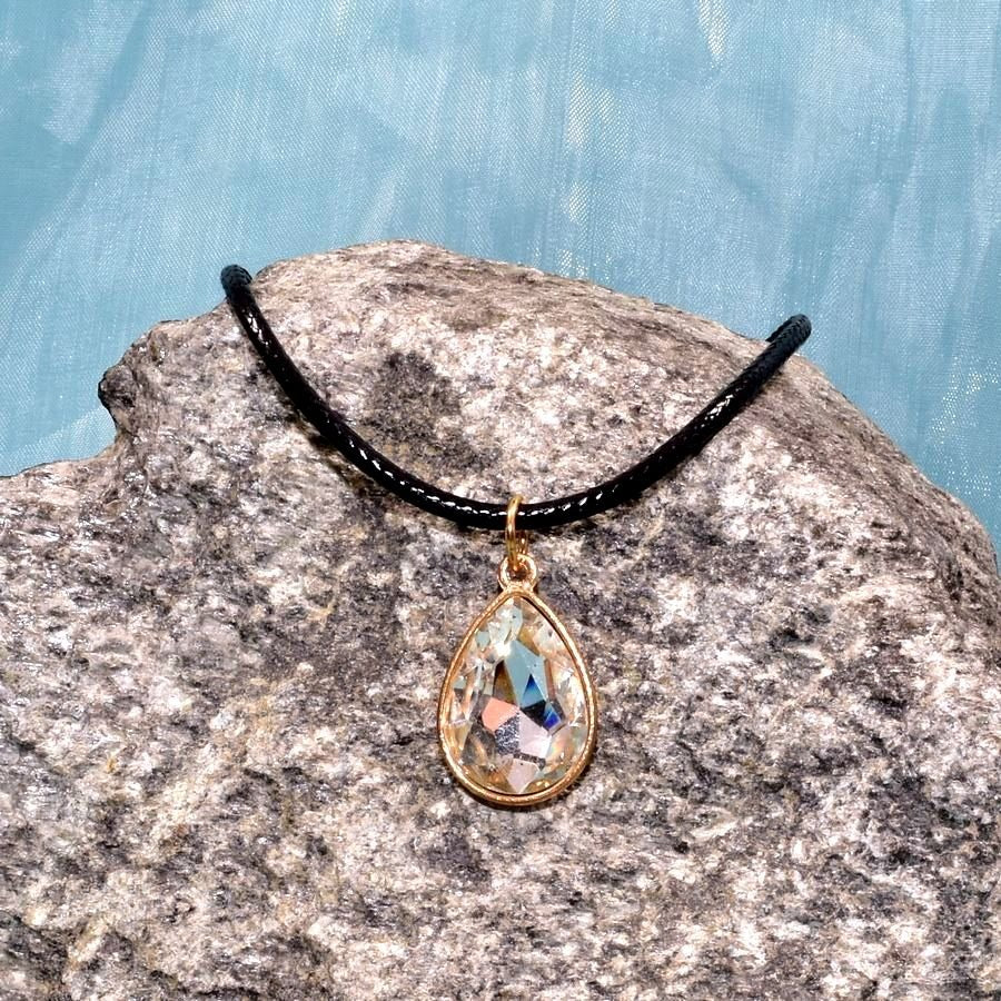 Cara Crystal White Water Drop Pendant Braid Leather Chain Necklace