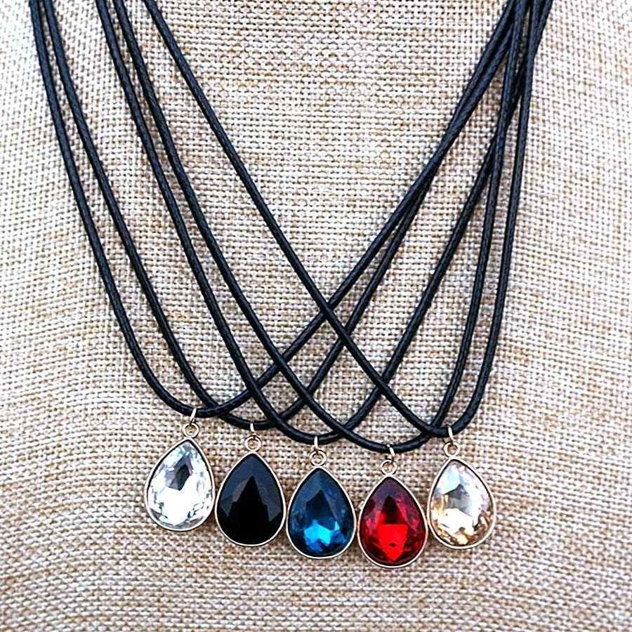 Cara Crystal White Water Drop Pendant Braid Leather Chain Necklace