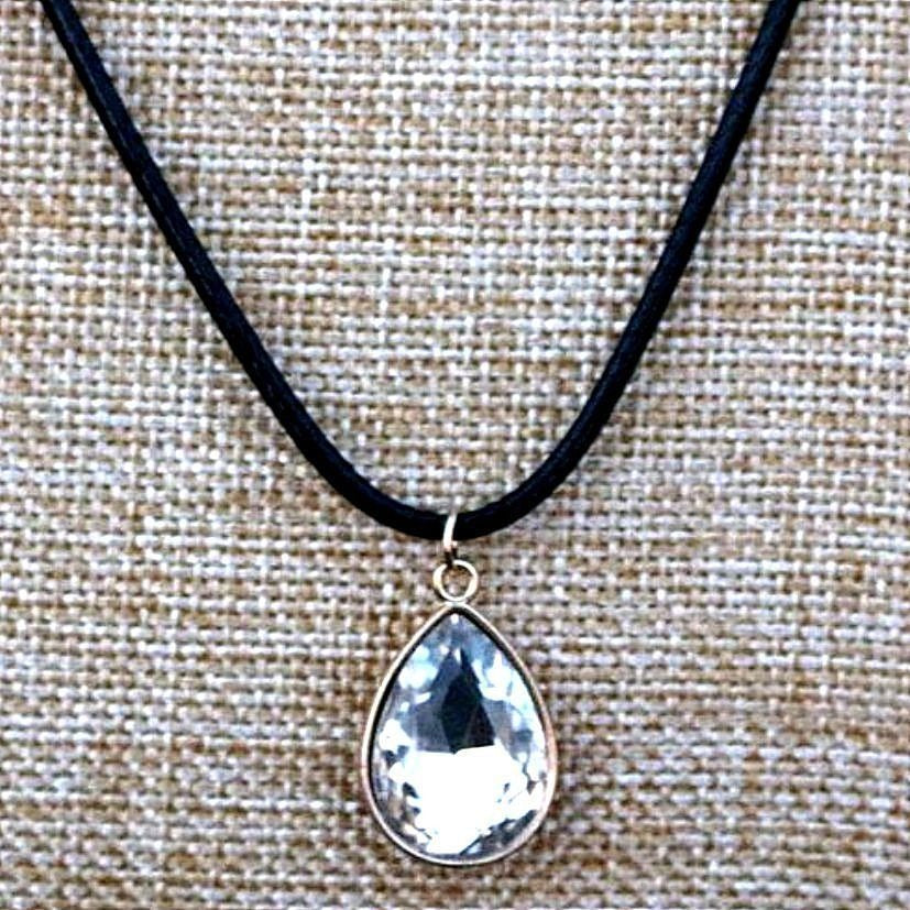 Cara Crystal White Water Drop Pendant Braid Leather Chain Necklace
