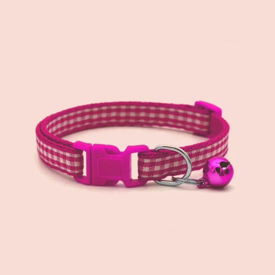 Jamie Jase Fuschia Gingham Plaid Bell Accented Cat Collar with Toys Gift Package