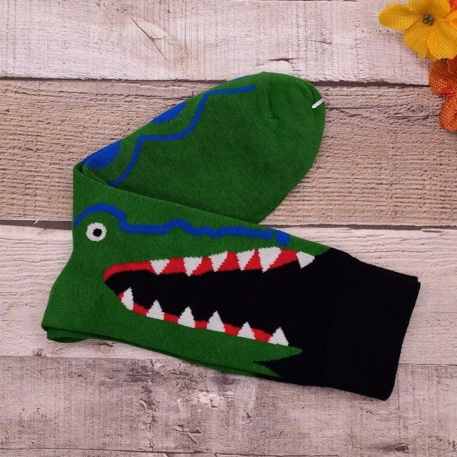 Alligator Eats Leg Funny Socks for Men in Green and Black