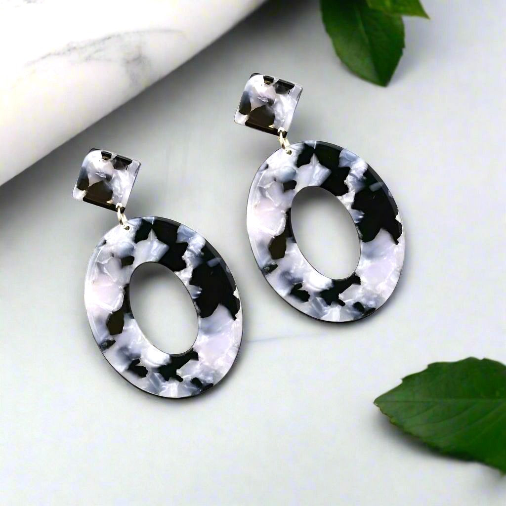 Geometric Statement Dangle Earrings Open Oval Zinnia Arts Abstract Black Gray