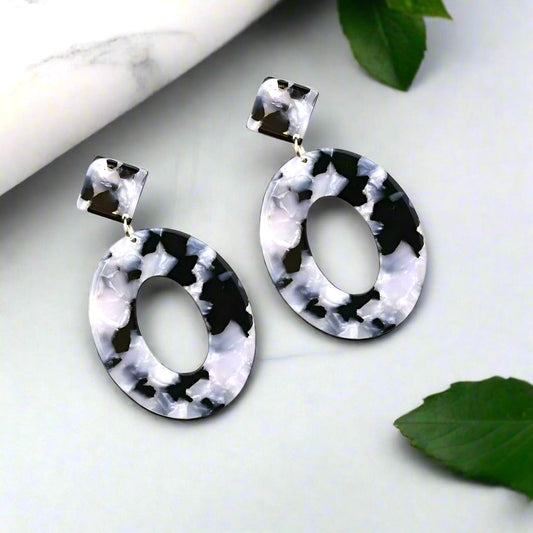 Geometric Statement Dangle Earrings Open Oval Zinnia Arts Abstract Black Gray