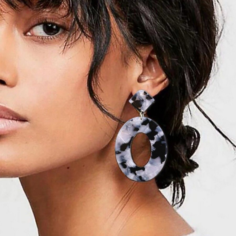 Geometric Statement Dangle Earrings Open Oval Zinnia Arts Abstract Black Gray