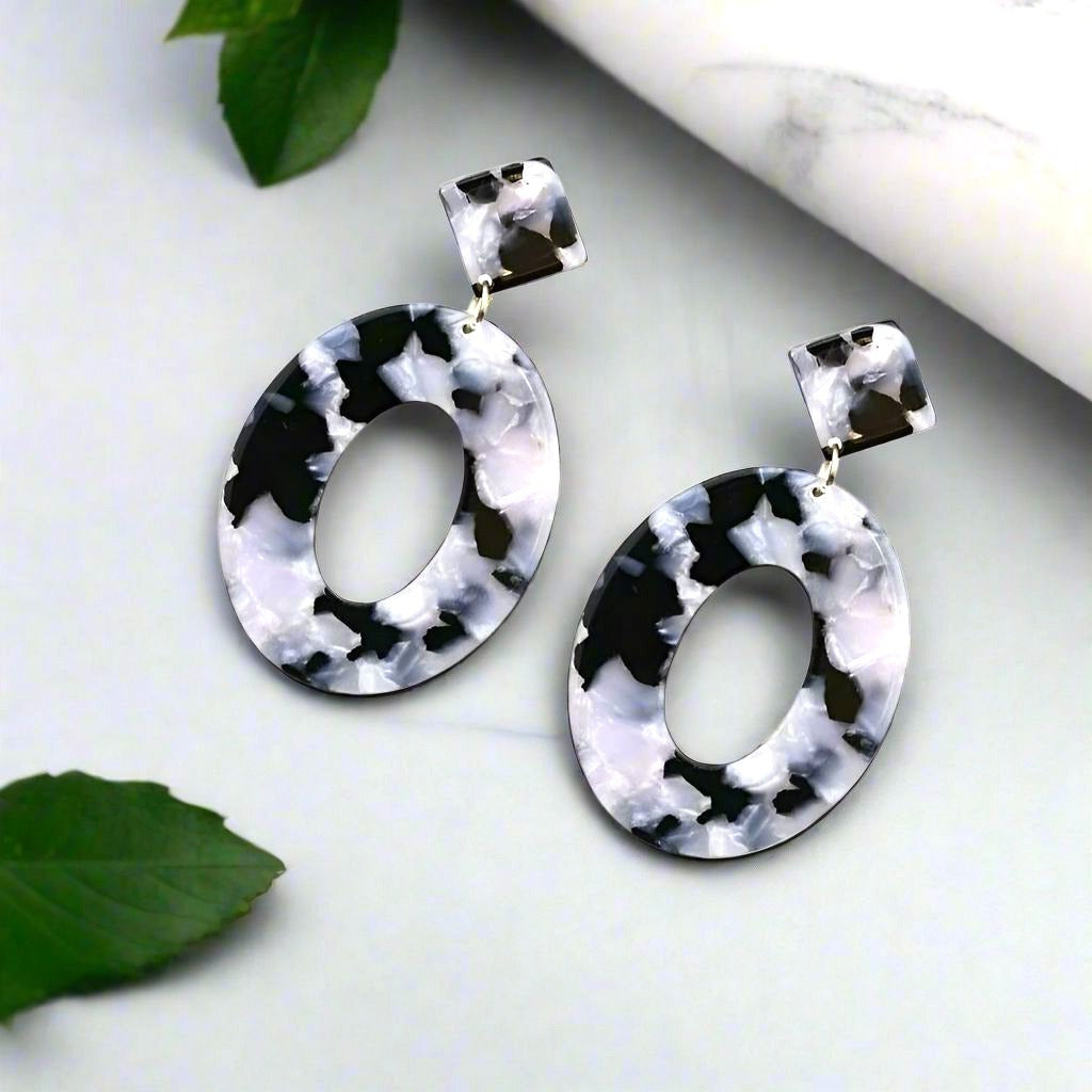 Geometric Statement Dangle Earrings Open Oval Zinnia Arts Abstract Black Gray