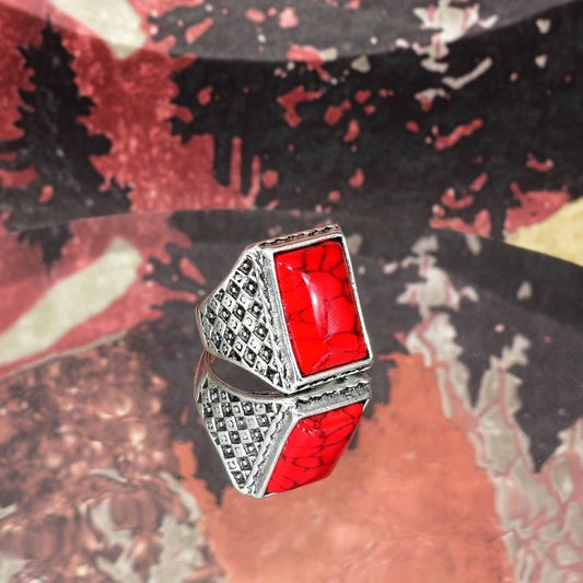 Antice Geo Mens Red Turquoise Etched Silver Ring Size 9
