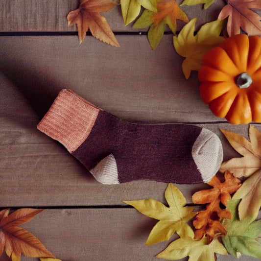 Chelsea Colorblock Womens Crew Socks Deep Brown with Coral and Tan Gift Packaged