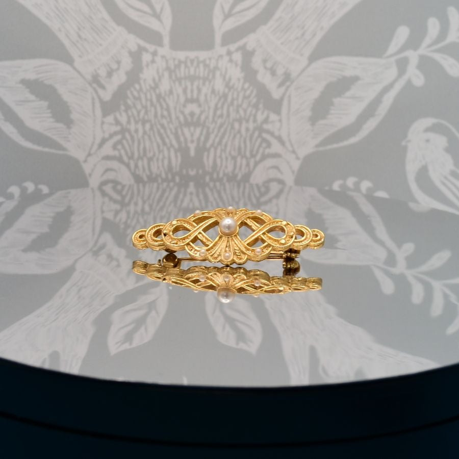 Pearl Accented Gold Filigree Brooch Pin Caroline C Estate Collection Piece