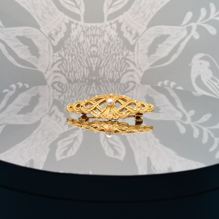 Pearl Accented Gold Filigree Brooch Pin Caroline C Estate Collection Piece