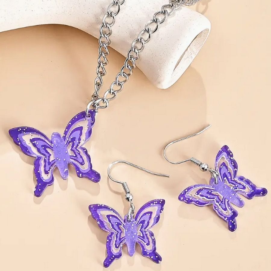 Lindy Jessa Colorful Purple Butterfly Necklace Earrings Set Gift Packaged