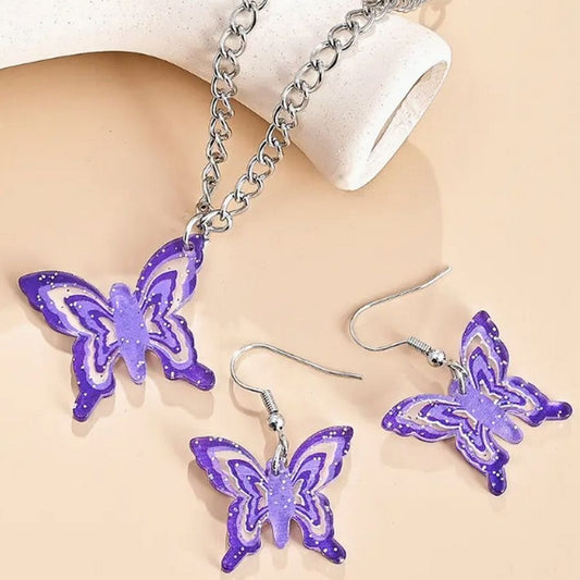 Lindy Jessa Colorful Purple Butterfly Necklace Earrings Set Gift Packaged