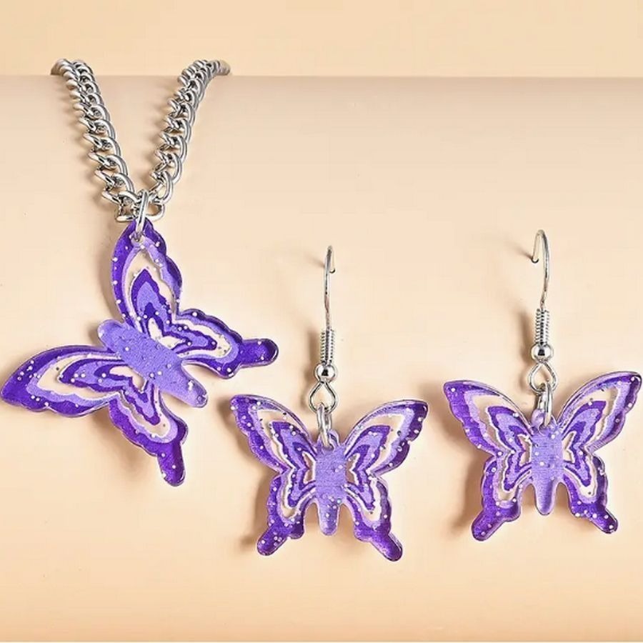Lindy Jessa Colorful Purple Butterfly Necklace Earrings Set Gift Packaged