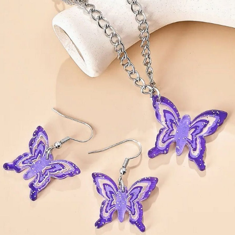 Lindy Jessa Colorful Purple Butterfly Necklace Earrings Set Gift Packaged