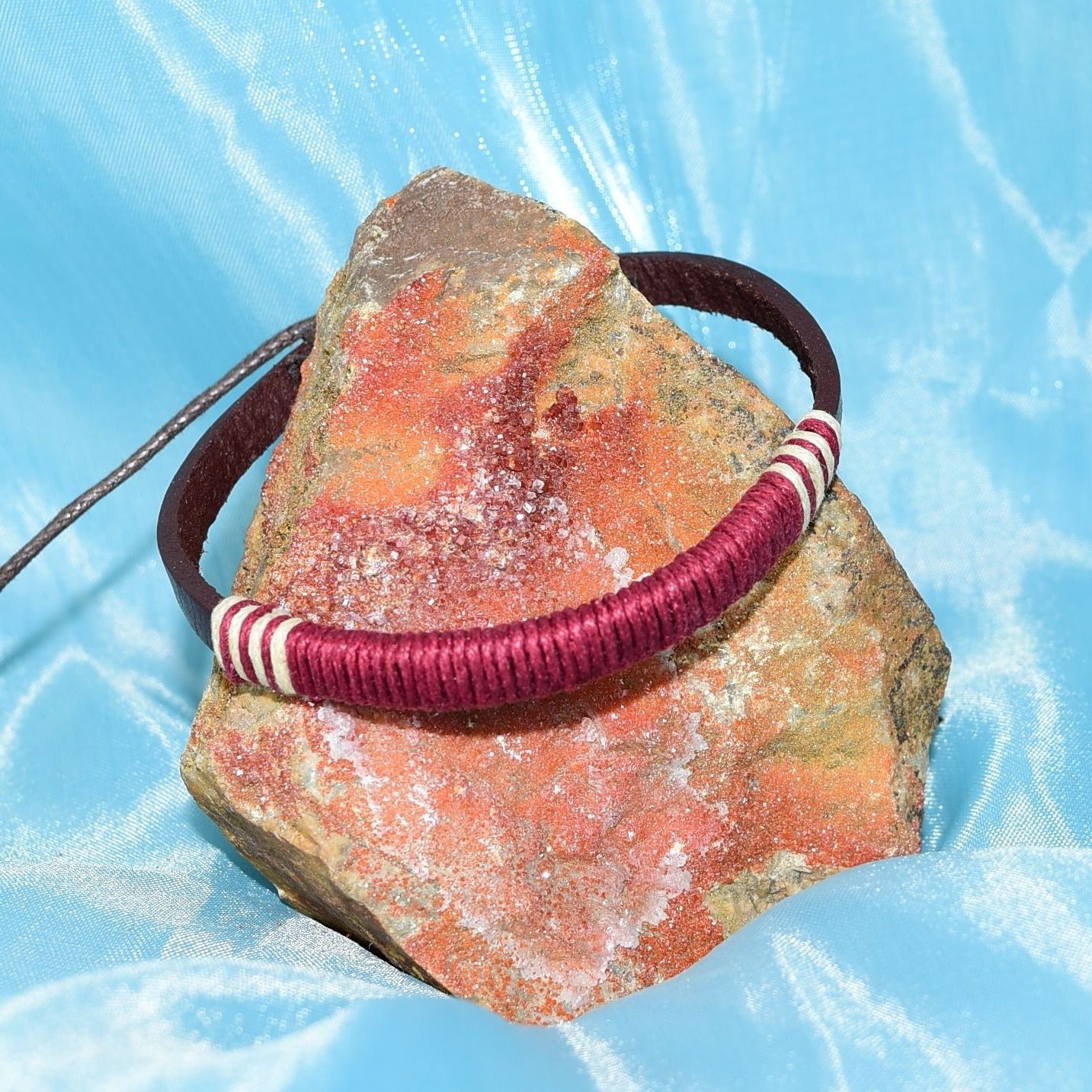 Taylor Rei Hemp Accent Bound Leather Bracelet Maroon Wine Red Unisex Gift Boxed