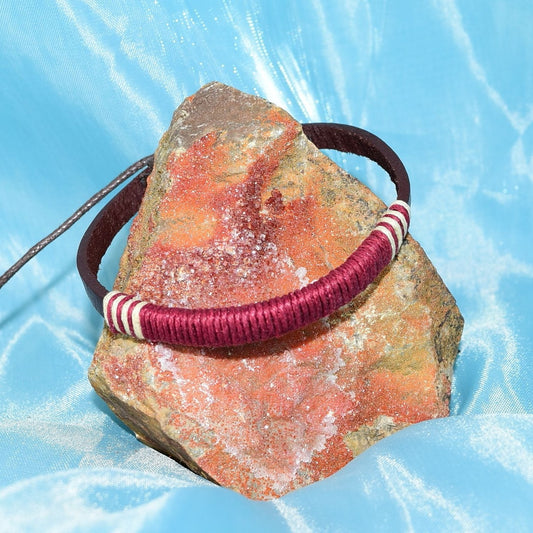 Taylor Rei Hemp Accent Bound Leather Bracelet Maroon Wine Red Unisex Gift Boxed