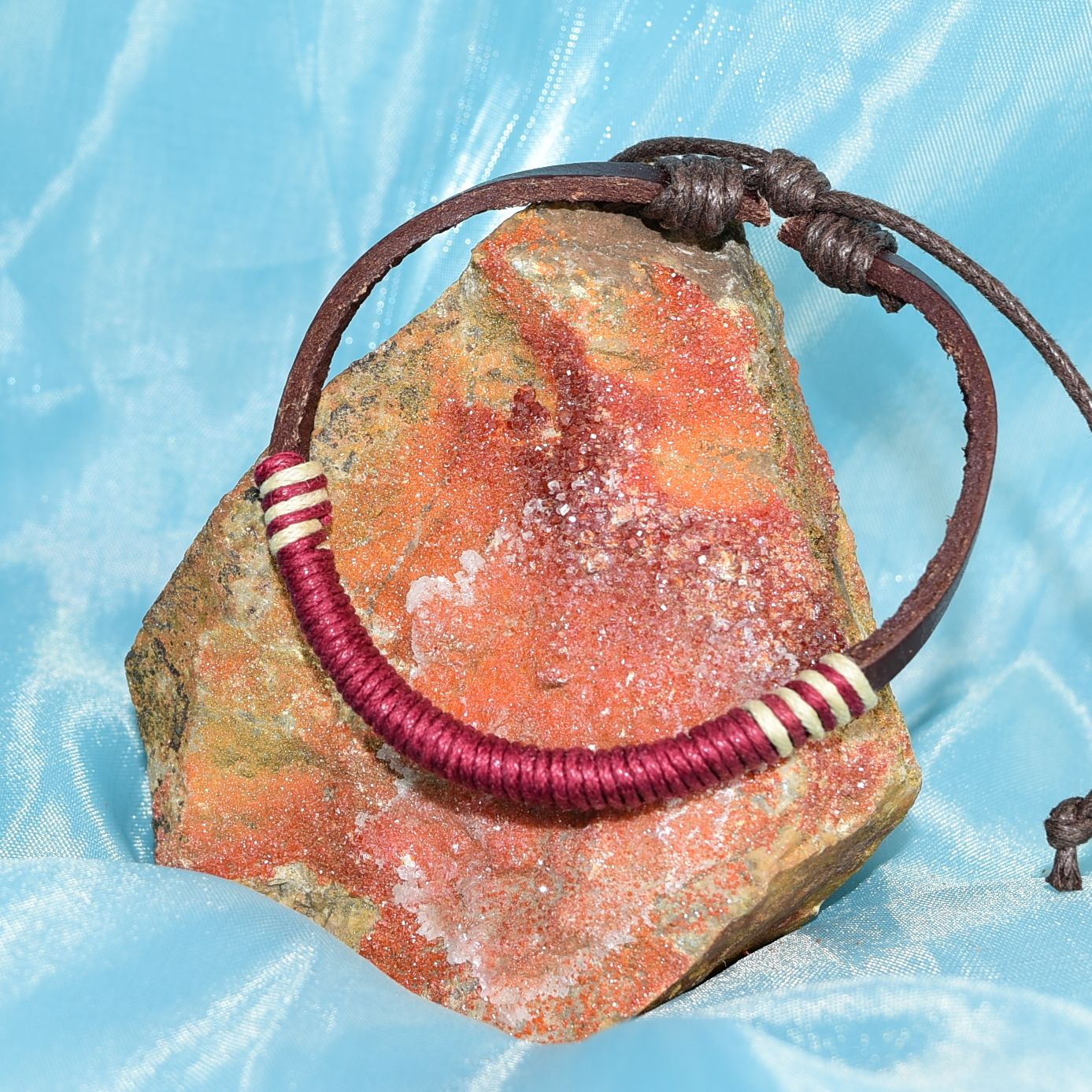 Taylor Rei Hemp Accent Bound Leather Bracelet Maroon Wine Red Unisex Gift Boxed