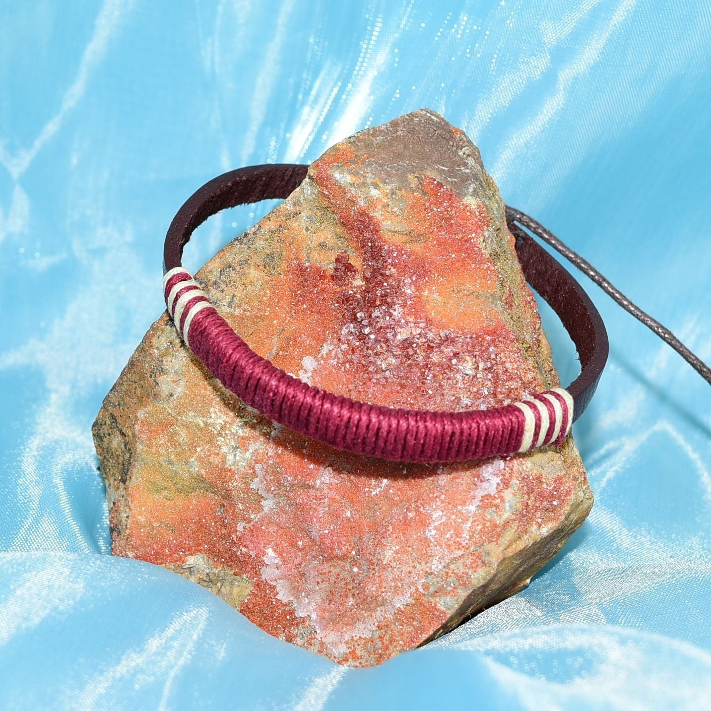 Taylor Rei Hemp Accent Bound Leather Bracelet Maroon Wine Red Unisex Gift Boxed