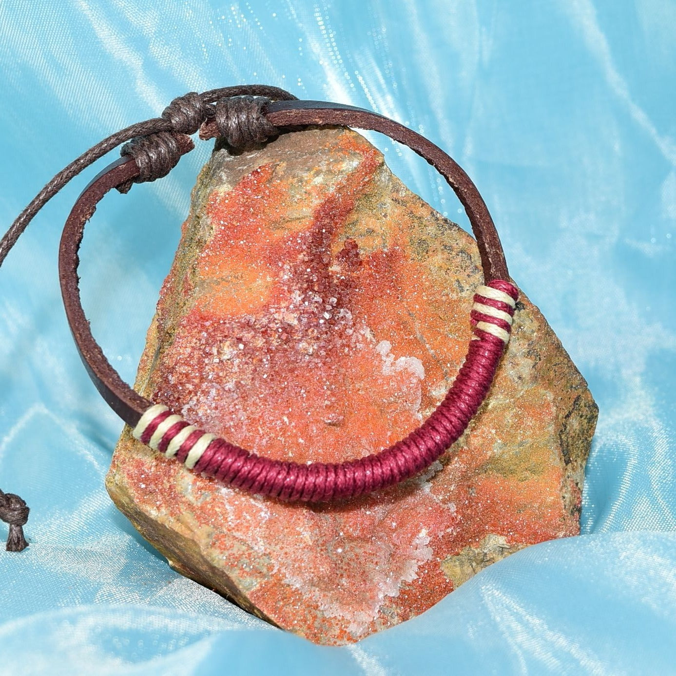 Taylor Rei Hemp Accent Bound Leather Bracelet Maroon Wine Red Unisex Gift Boxed