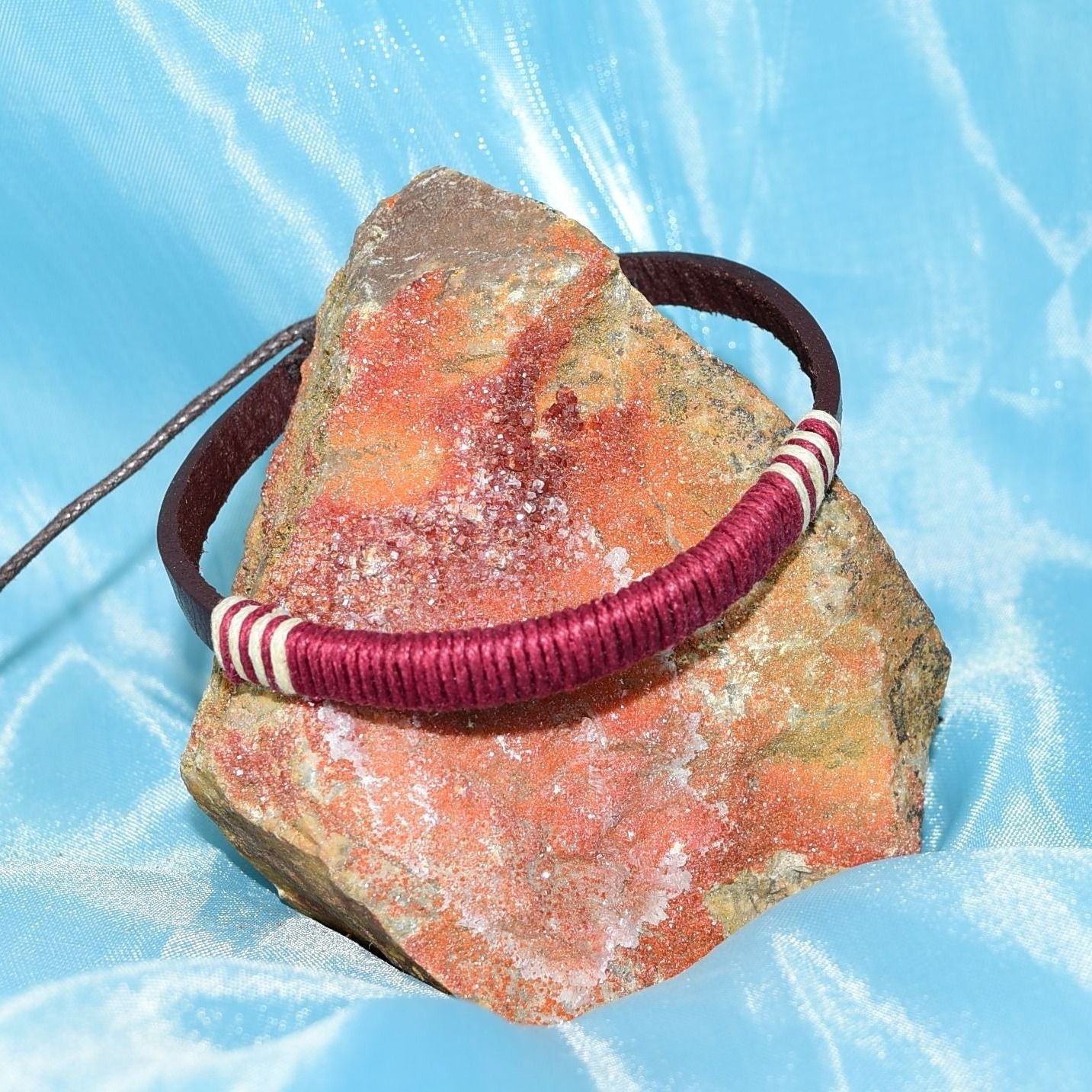 Taylor Rei Hemp Accent Bound Leather Bracelet Maroon Wine Red Unisex Gift Boxed