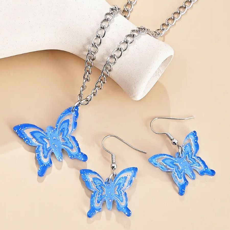 Lindy Jessa Colorful Blue Butterfly Necklace Earrings Set Gift Packaged