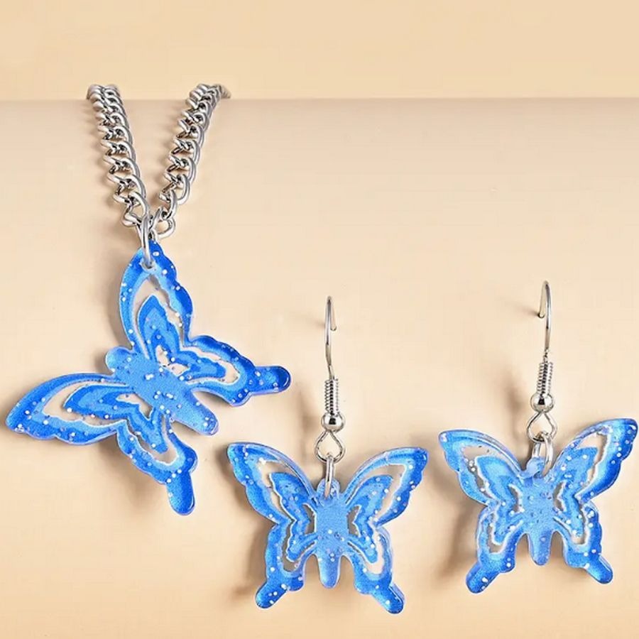 Lindy Jessa Colorful Blue Butterfly Necklace Earrings Set Gift Packaged