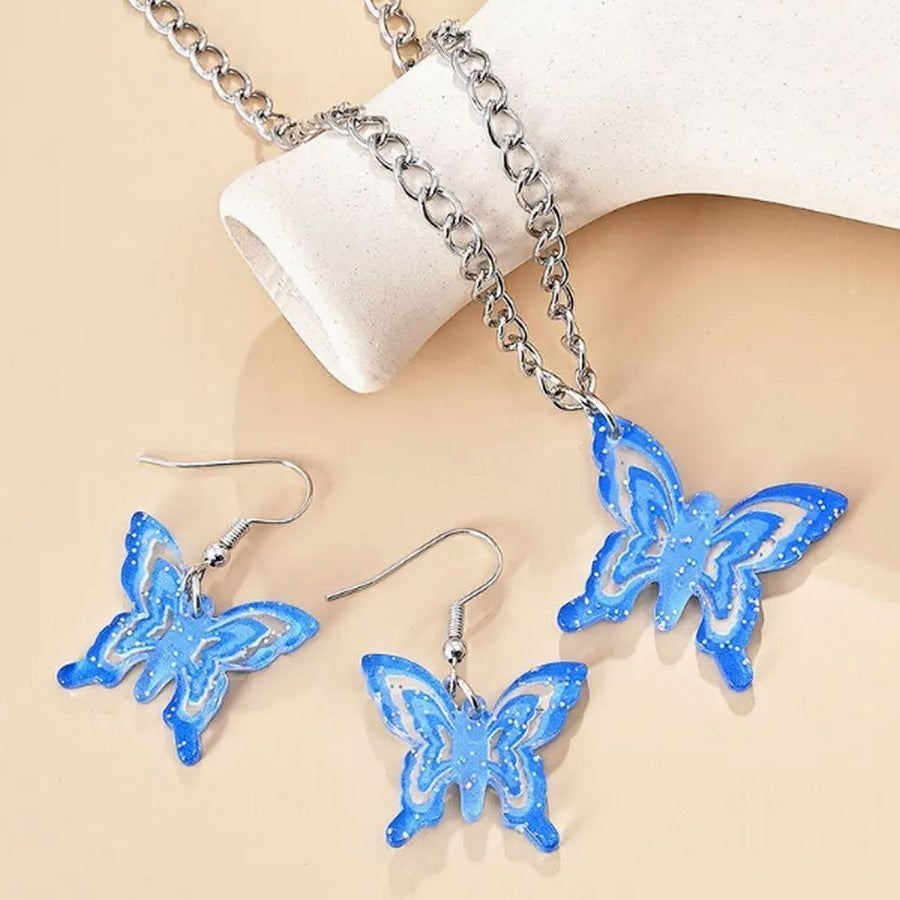 Lindy Jessa Colorful Blue Butterfly Necklace Earrings Set Gift Packaged