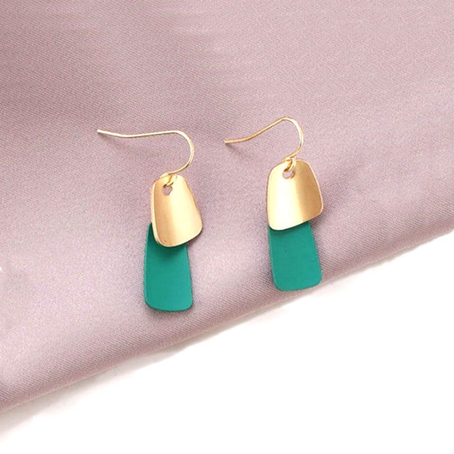Emmie Jaise Green and Gold Double Layer Petal Dangle Hook Earrings Gift Packaged