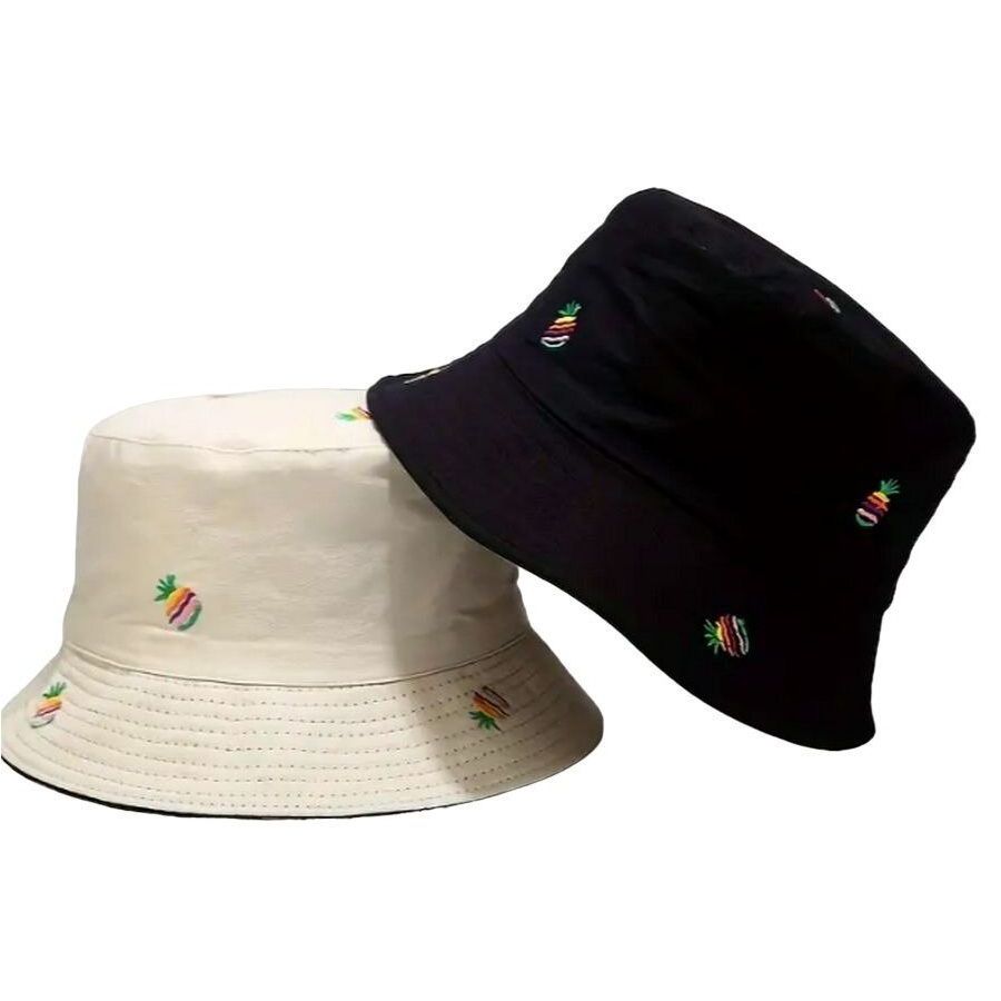 Everlynn Pineapple Embroidered Reversible Bucket Hat Tan Black Gift Packaged
