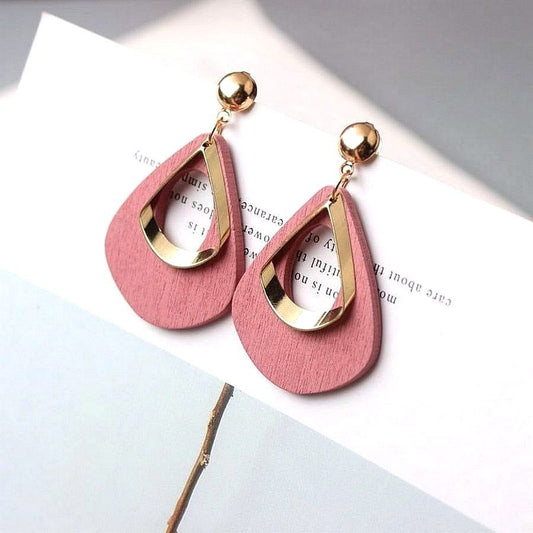Kaylie Blush Pink Press Cut Wood Gold Layer Teardrop Earrings Gift Packaged