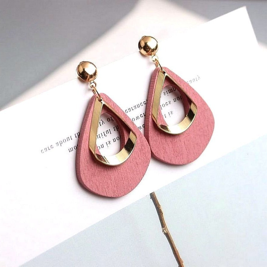 Kaylie Blush Pink Press Cut Wood Gold Layer Teardrop Earrings Gift Packaged