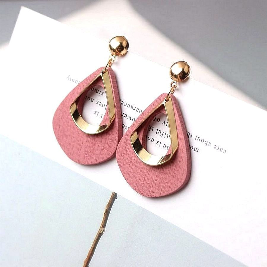 Kaylie Blush Pink Press Cut Wood Gold Layer Teardrop Earrings Gift Packaged