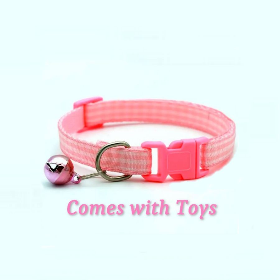 Jamie Jase Pink Gingham Plaid Bell Accented Cat Collar with Toys Gift Package