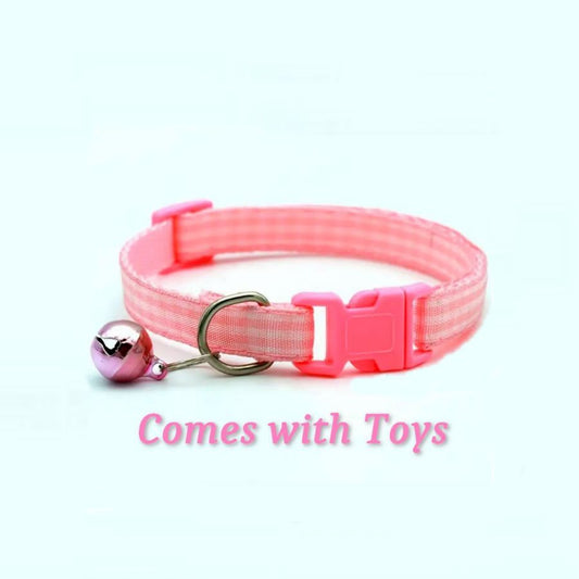 Jamie Jase Pink Gingham Plaid Bell Accented Cat Collar with Toys Gift Package