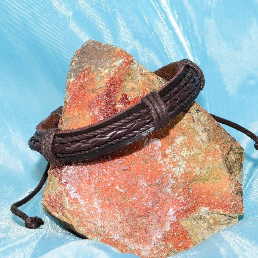Michael Diego Braid Layered Sliding Tie Leather Bracelet Brown Mens Gift Packaged