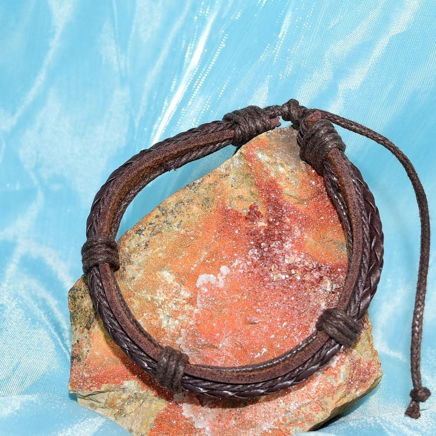 Michael Diego Braid Layered Sliding Tie Leather Bracelet Brown Mens Gift Packaged