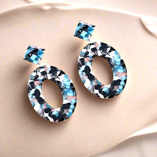 Geometric Statement Dangle Earrings Open Oval Zinnia Arts Abstract Black Blue