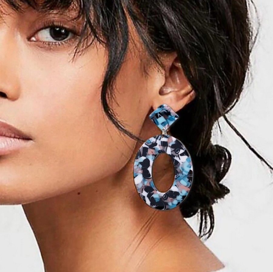 Geometric Statement Dangle Earrings Open Oval Zinnia Arts Abstract Black Blue