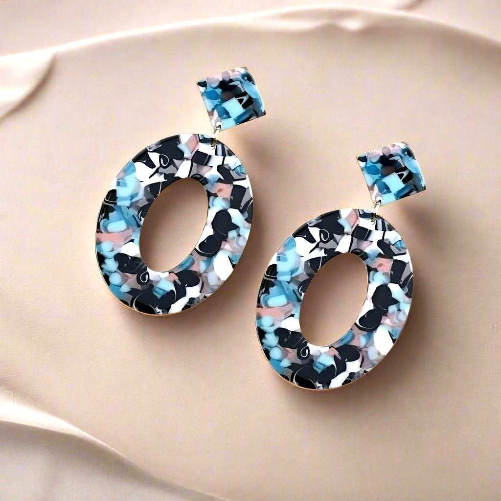 Geometric Statement Dangle Earrings Open Oval Zinnia Arts Abstract Black Blue