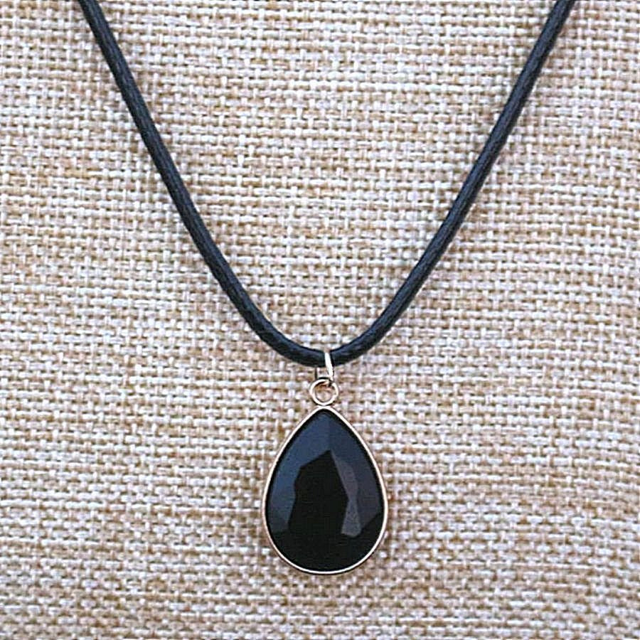 Cara Crystal Black Water Drop Pendant Braid Leather Chain Necklace