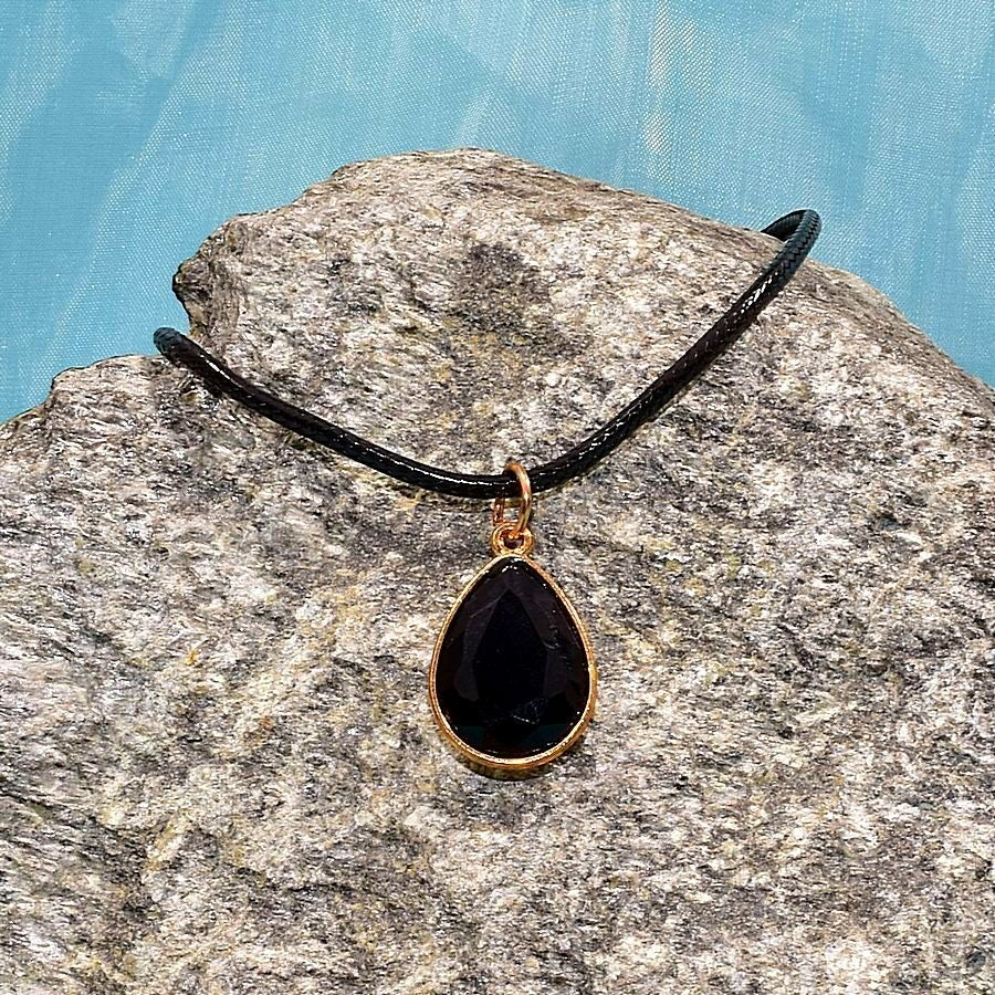 Cara Crystal Black Water Drop Pendant Braid Leather Chain Necklace