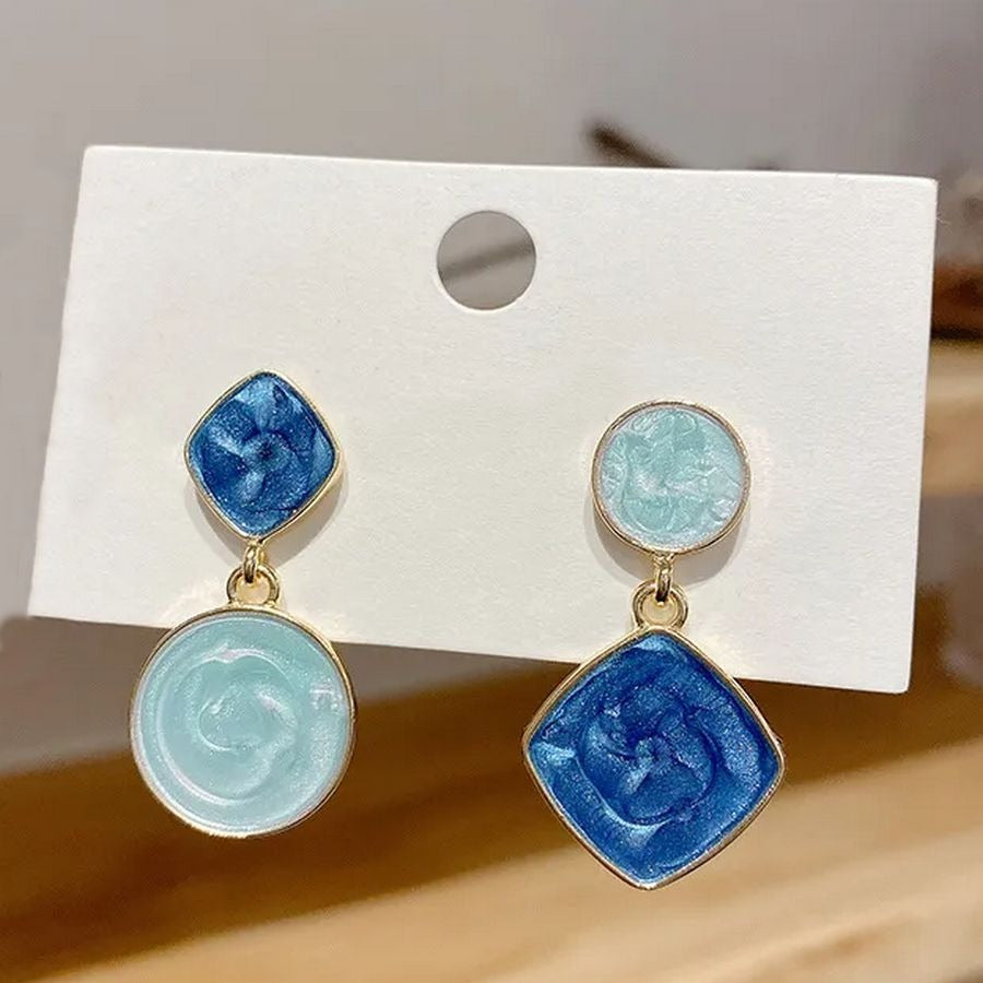 Alina Ellison Enamel Sheen Geo Dangle Earrings Blue Hues Gold Gift Packaged