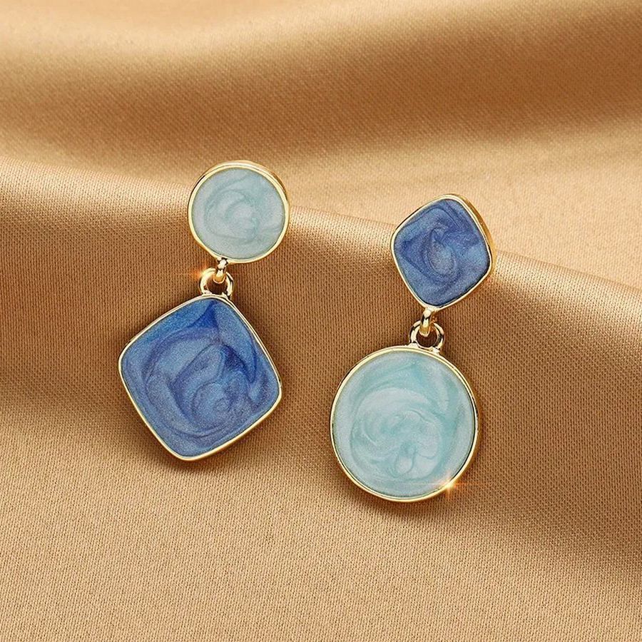 Alina Ellison Enamel Sheen Geo Dangle Earrings Blue Hues Gold Gift Packaged
