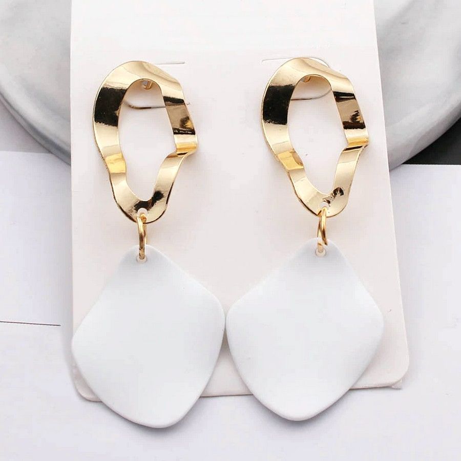Charlee Tahlia White Rhombus Petal Geo Drop Gold Oval Earrings Gift Packaged