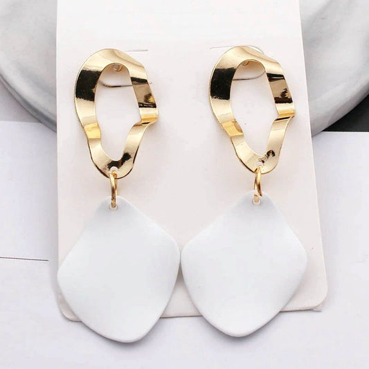 Charlee Tahlia White Rhombus Petal Geo Drop Gold Oval Earrings Gift Packaged