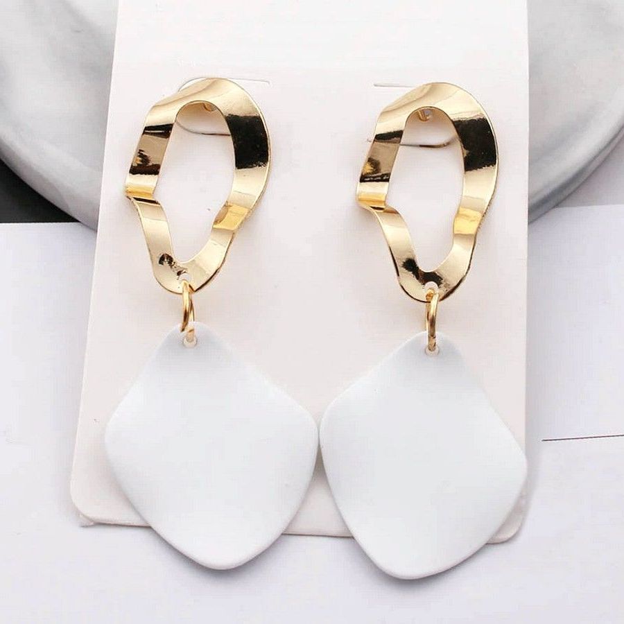 Charlee Tahlia White Rhombus Petal Geo Drop Gold Oval Earrings Gift Packaged
