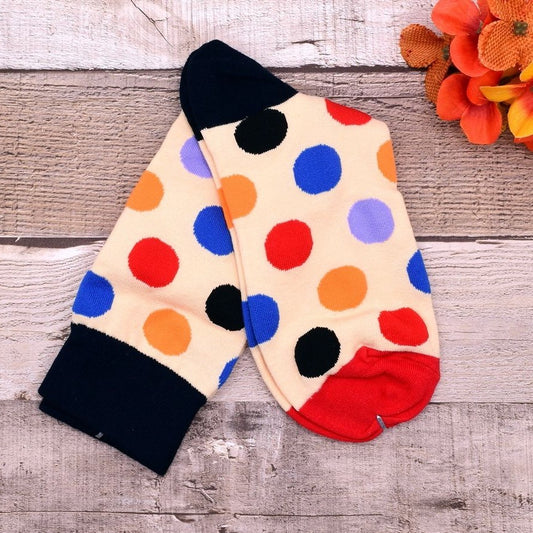 Miley Splash Womens Polka Dot Socks Colorful Dots on Cream Black Heel Red Toe