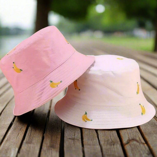 Everlynn Banana Embroidered Reversible Bucket Hat White Pink Gift Packaged