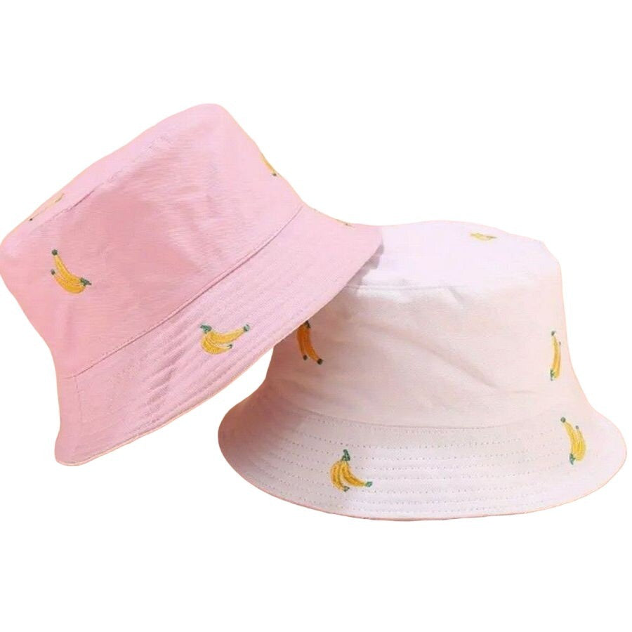 Everlynn Banana Embroidered Reversible Bucket Hat White Pink Gift Packaged