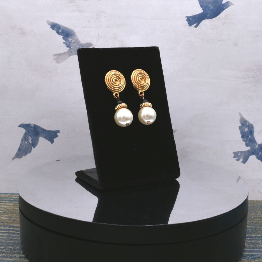 Gold Spin Pattern Medallion Pearl Drop Earrings Caroline C Estate Collection